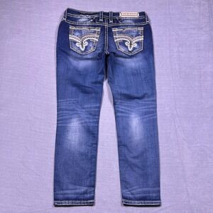 NWT Rock Revival Womens Belva Skinny Jeans Blue Distressed Rhinestone Size 32